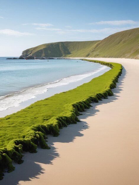 Een kustlandschap met groene zeewier die een grens vormen langs de zandkust