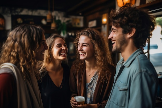 Een kwartet van vrienden die een leuke tijd hebben met koffie Generatieve AI