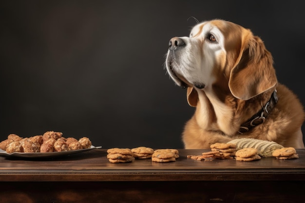 Een kwijlende hond staart aandachtig naar een traktatie op een tafel.