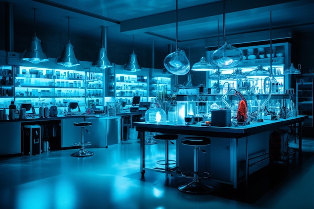 Een laboratorium met blauwe lichten binnenin met generatieve AI