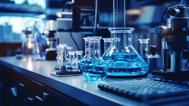 een laboratorium met uitzicht op verschillende bekerglazen, reageerbuisjes met water in de stijl van contrastrijk lichtblauw en marineblauw