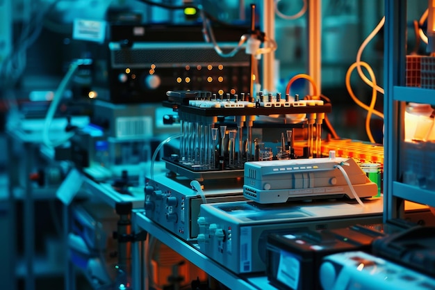 Foto een laboratoriumbank met veel wetenschappelijke instrumenten en apparatuur