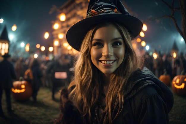 Een lachend meisje in een heksenkostuum op het halloween-festival, een griezelig, leuk feest.