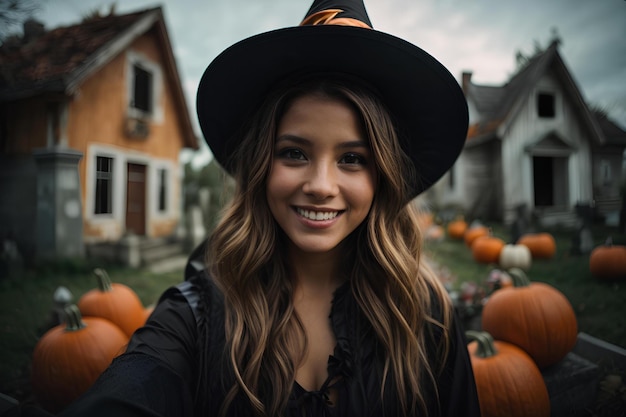 Een lachend meisje in een heksenkostuum op het halloween-festival, een griezelig, leuk feest.