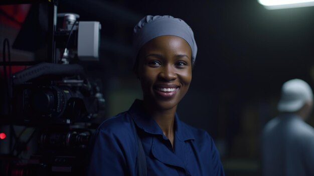 Een lachende Afrikaanse vrouwelijke elektronische fabrieksarbeider die in de fabriek staat