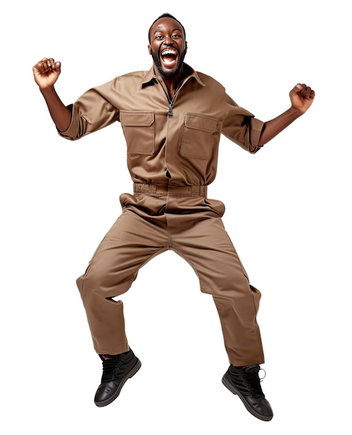 Een lachende afro mannelijke werknemer springen geïsoleerd op witte of transparante achtergrond AI gegenereerde afbeelding