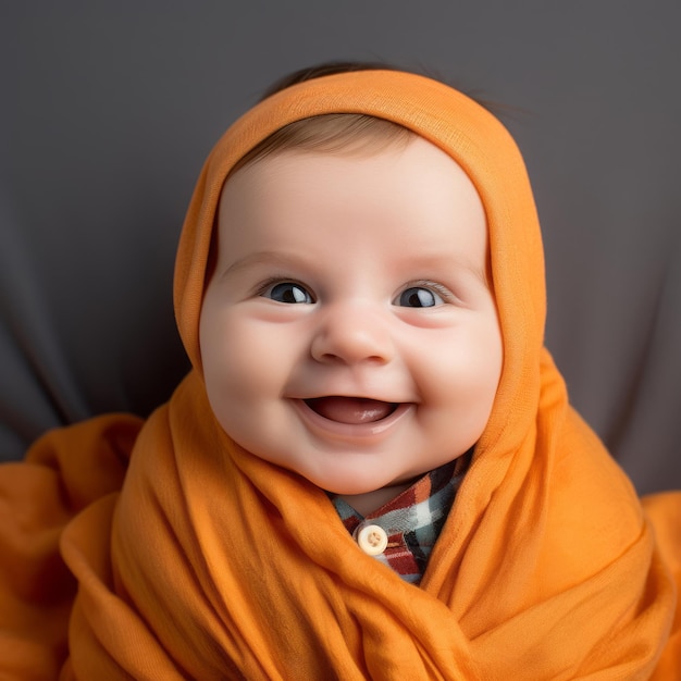 een lachende baby gewikkeld in een oranje deken