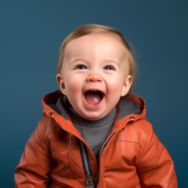 een lachende baby in een oranje leren jack