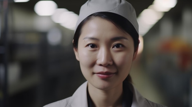 Een lachende Chinese vrouwelijke elektronische fabrieksarbeider die in de fabriek staat