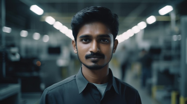 Een lachende Indiase mannelijke elektronische fabrieksarbeider die in de fabriek staat
