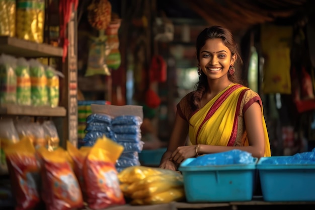 Een lachende Indiase vrouw in een kleurrijke winkel