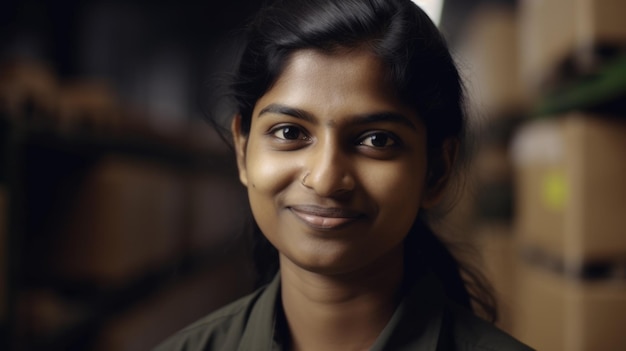 Een lachende Indiase vrouwelijke fabrieksarbeider die in het magazijn staat
