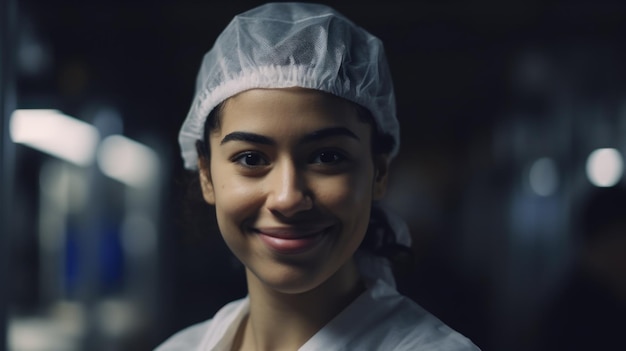 Een lachende jonge Spaanse vrouwelijke elektronische fabrieksarbeider die in de fabriek staat