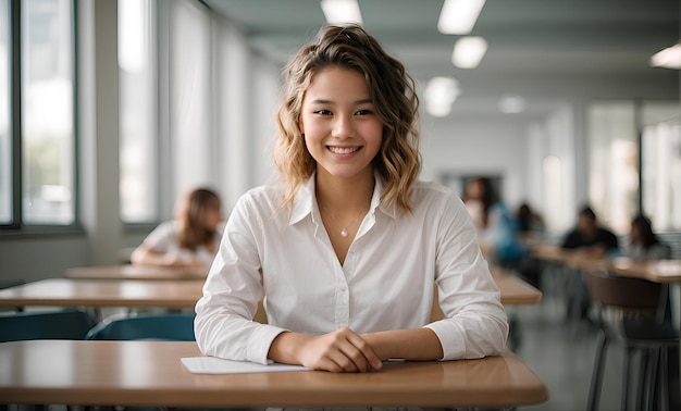 Een lachende jonge student zit aan een tafel tijdens een college