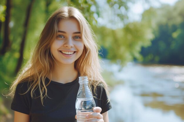 Een lachende jonge vrouw drinkt water uit een fles tegen de achtergrond van een park en een rivier