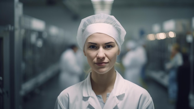 Een lachende jonge Zweedse vrouwelijke elektronische fabrieksarbeider die in de fabriek staat