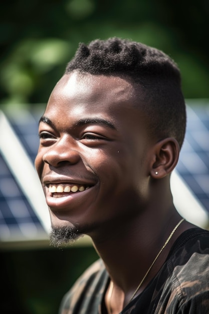 Een lachende jongeman die achter zich kijkt naar een zonnepaneel gemaakt met generatieve AI
