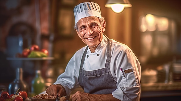 Een lachende mannelijke chef-kok in de keuken