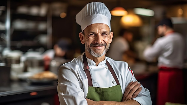 Een lachende mannelijke chef-kok in de keuken