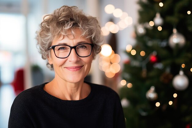 Een lachende senior vrouw voor een kerstboom gemaakt met generatieve AI-technologie