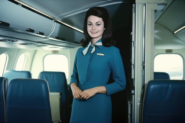 Een lachende stewardess die zich in het vliegtuig bevindt generatieve ai aig21