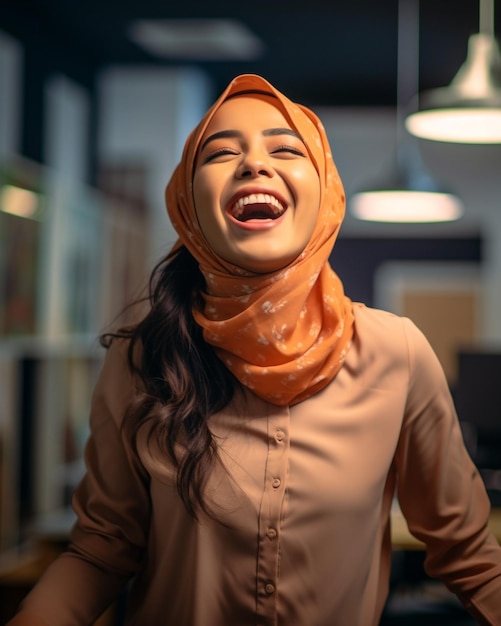Een lachende vrouw die een hijab draagt en een roze hijab draagt.
