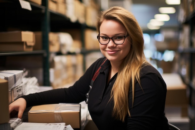 Foto een lachende vrouw met bril in een magazijn