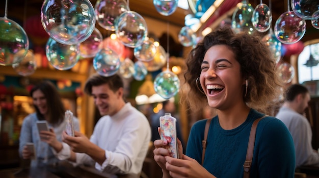 Een lachende vrouw met een bubbelstaaf in een kamer vol bubbels.