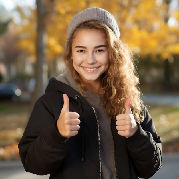 Een lachende vrouw met haar haren in de lucht.