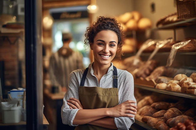 Een lachende vrouw staat voor een bakkerij