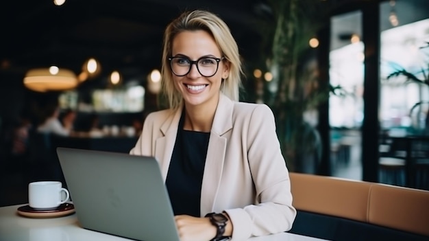 Een lachende zakenvrouw die aan een laptop werkt.
