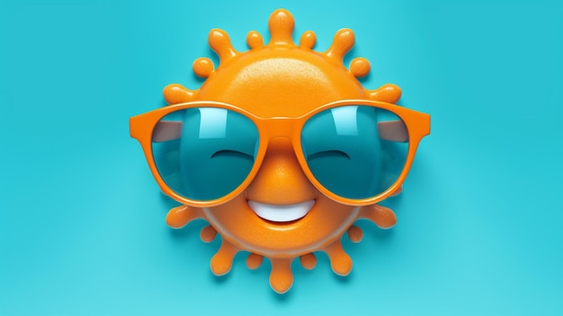 Een lachende zon met een oranje bril en een blauwe rug
