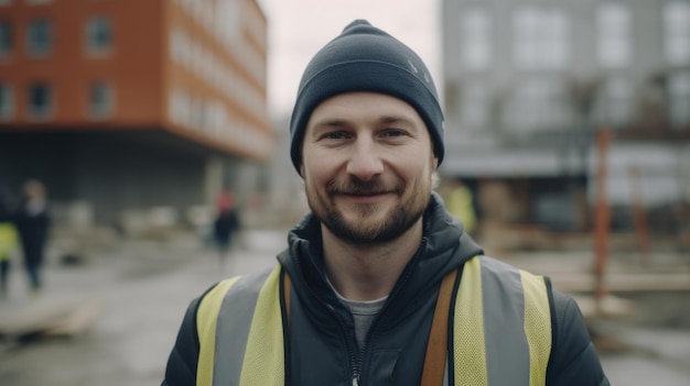 Een lachende Zweedse mannelijke bouwvakker die op de bouwplaats staat