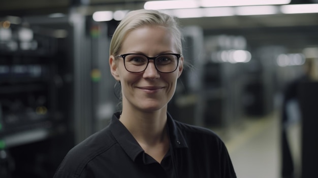 Een lachende Zweedse vrouwelijke elektronische fabrieksarbeider die in de fabriek staat