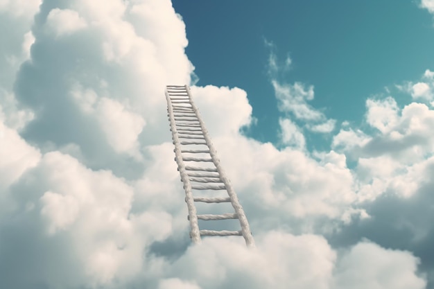 een ladder bevindt zich in de wolken met een blauwe lucht