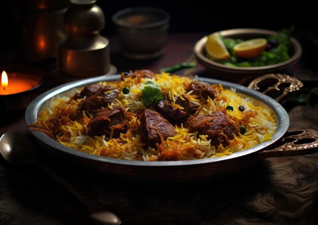 Foto een lam biryani genoten met vrienden tijdens een potluck