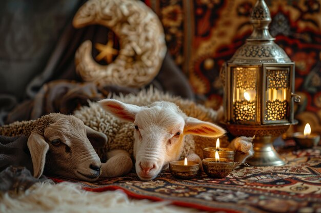 een lam ligt op een tapijt met kaarsen en een kaars