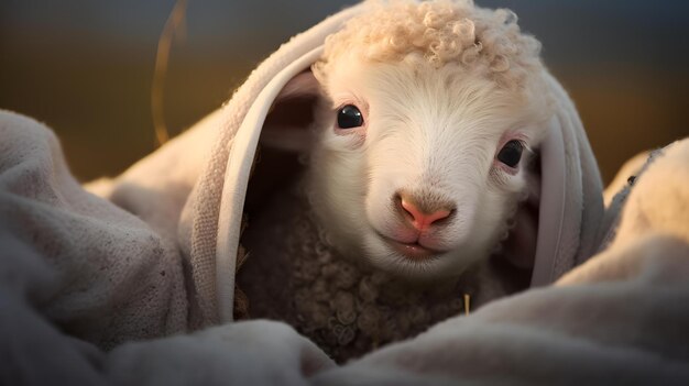 Een lam met een roze neus en een witte deken.