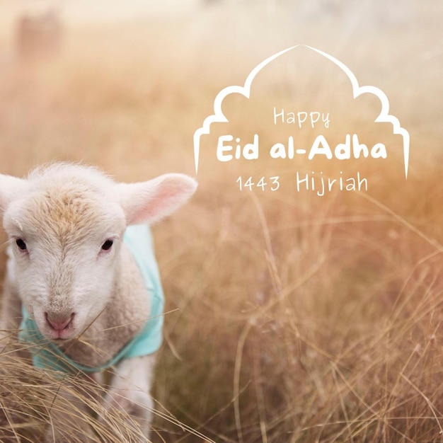 Een lam staat in een veld met hoog gras met de woorden happy eid al adha erop