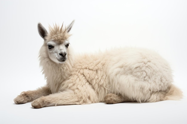 een lama die op een wit oppervlak ligt