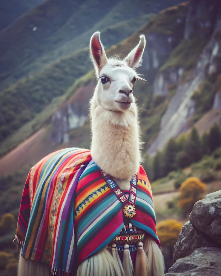 Foto een lama gekleed in een kleurrijke poncho staat in een bergachtig gebied