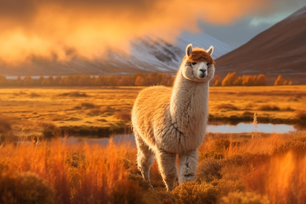 Een lama in een veld met bergen op de achtergrond