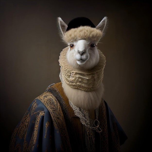 Een lama met hoed en jas draagt een jas.