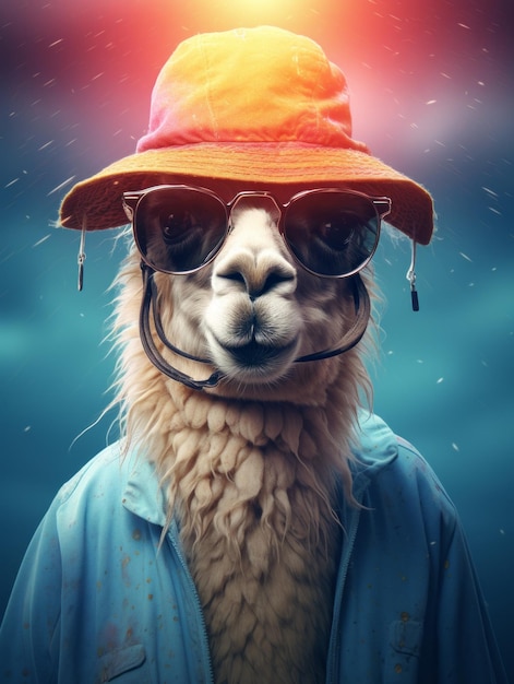 een lama met hoed en zonnebril