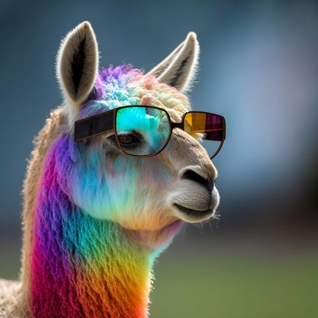 Een lama met zonnebril op en een regenboogkleurige hoed.