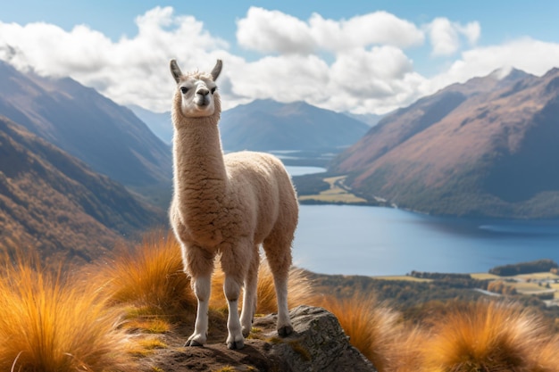 Een lama staat op een bergtop in de bergen.