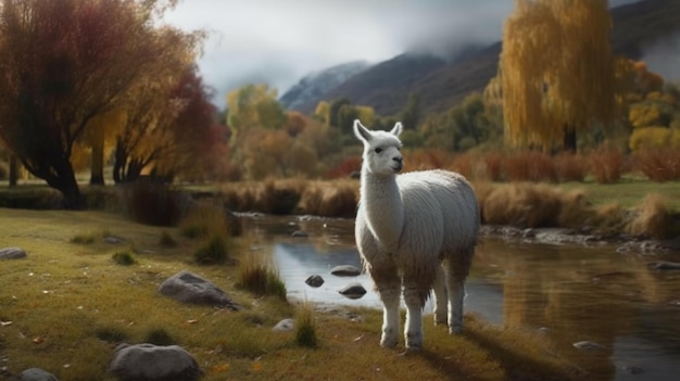 Een lama staat voor een rivier met herfstbladeren op de achtergrond.