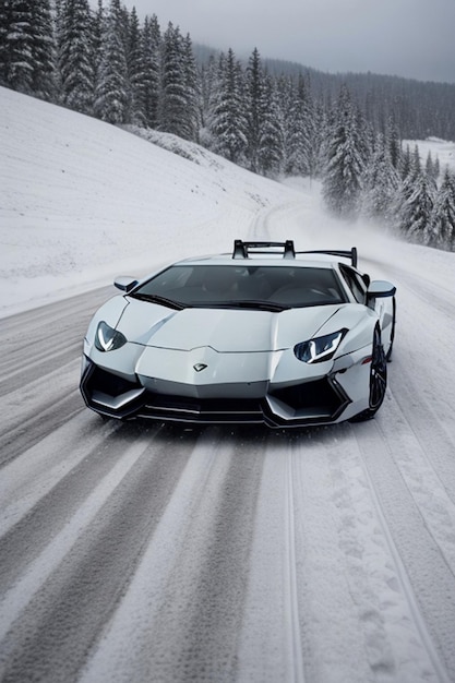 Een Lamborghini Aventador drijft op een besneeuwde weg in bergachtige gebieden