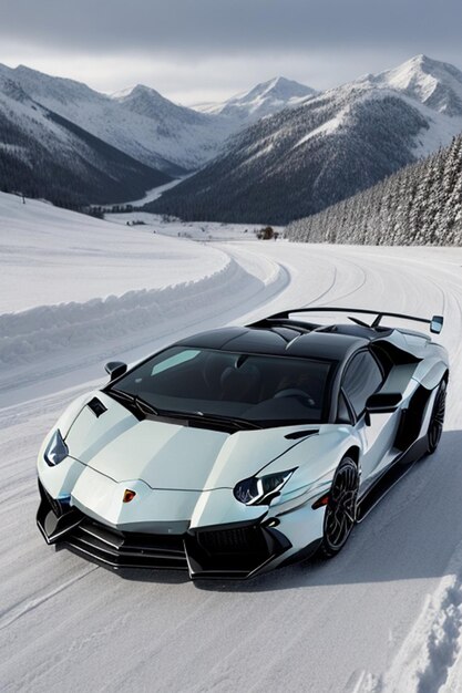 Een Lamborghini Aventador drijft op een besneeuwde weg in bergachtige gebieden