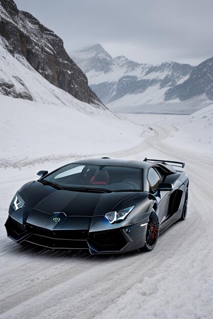 Een Lamborghini Aventador drijft op een besneeuwde weg in bergachtige gebieden